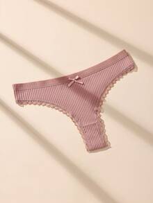 8pcs Solid Color Lace Patchwork Bow Ribbed Cotton Women's Thong Panties, Romantic Sexy - Multicolor - View 5