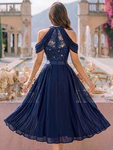 MIUSOL Gaun Koktail Elegan Model Halter Neck dengan Hiasan Payet, Bunga, dan Renda Berlapis, Cocok untuk Ulang Tahun, Tamu Pernikahan, dan Makan Malam Musim Panas. - Navy Blue - View 2