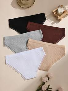 5pcs Solid Color Lace Patchwork Bow Ribbed Cotton Women's Triangle Panties, Bodycon Elastic Comfortable Ladies Underwear - Multicolor - View 4