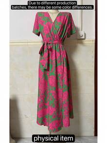 Women's Resort Floral Print Short Sleeve Waist Knot Casual Dress Summer Vacation Elegant - Multicolor - View 5