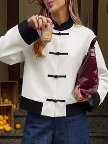 Women's New Chinese Style Contrast Color Frog Button Short Jacket, Relaxed Outerwear Top For Autumn Outings White - White - View 1