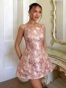 Vestido de mujer con tirantes finos, tela metálica con bordado floral jacquard, vestido de lujo para fiestas/té, vestido de prin - rosa - Ver 4