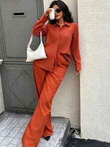 Seelio Spring/Summer New Arrival Lightweight Linen Shirt And Wide Leg Pants Set For Women - Orange - View 1