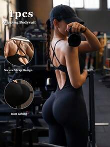 1pc Tummy Control Butt Lifting Fitness Jumpsuit, Backless Design, Seamless 4-Way Stretch, Compression Shaping Sports - Black - View 1