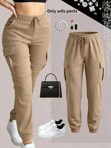 Spring/Autumn New Plus Size Women's Fashion Versatile Solid Color Minimalist Pocket Elastic Waist Drawstring Cargo Pants, Lightweight Polyester Micro-Stretch Soft Fabric - Khaki - View 4
