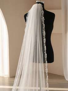 1件2米长叶子刺绣新娘头纱，婚纱配饰，适合教堂婚礼 - 彩色 - 查看 7