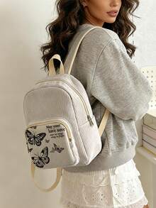 1PC Backpack, Women's Mini Backpack, Corduroy Girl Schoolbag, Travel Storage Bag, Butterfly Print Design, Large‑Capacity Foldable Easy‑To‑Store Bag, Lightweight & Pressure‑Relieving, Multi‑Pocket Layered Design With Zipper Closure - Text Butterfly 21817 - View 2