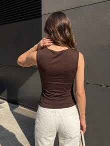 Buzzelle 1pc Women's Solid Color Asymmetrical Asymmetric Shoulder Sleeveless Top, Asymmetric Hem, Business Casual, Street Fashion, Summer Brown - Brown - View 3