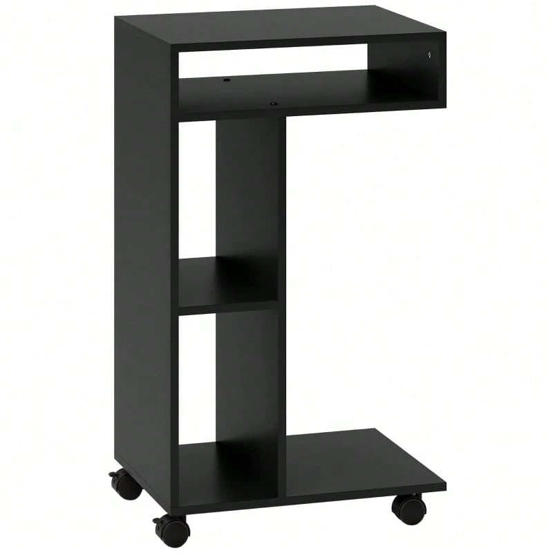 Side Table, C-Shaped Serving Trolley, 4 Wheels, 3 Compartments, 40 X 30 X 69 Cm, Black - Black - View 1