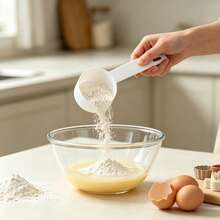 8pcs White Measuring Cups + White Scraper, Multi-Functional Baking Auxiliary Tools, White Plastic Hanging Measuring Spoon Flat Scraper, Serrated Shape Scraper, Curved Dough Cutter, Flour, Nuts, Milk Powder, Powdered Sugar Quantitative Measuring Cup, Cake Frosting Spatula, Dough Divider Scraper, Essential Baking Kitchen Tool Set - View 4