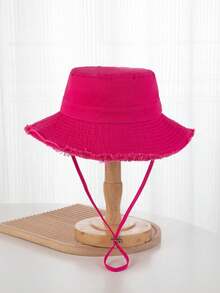 1pc Unisex Y2K Style Frayed Edge Bucket Hat, Outdoor Sun Protection Hat Suitable For Outdoor Sports, Sunshade And Daily Commute - Hot Pink - View 2