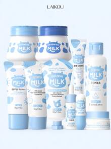 LAIKOU Moisturizing & Brightening Skincare Set (55g Moisturizing Cream + 55g Brightening Cream + 50g Moisturizing Sunscreen + 20g Eye Cream + 100ml Toner + 17ml Essence + 50g Cleansing Gel + 50g Hand Cream + 8g Lip Mask + 3.5g Lip Balm), Suitable For All Skin Types, Women & Girls, Home Or Travel Skincare Gift Set - 牛奶 - 查看 1