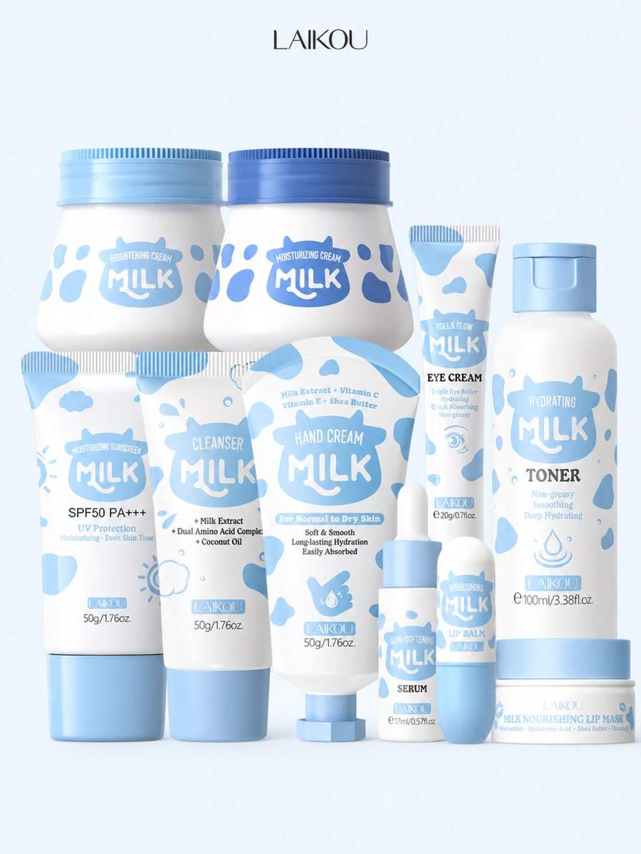 LAIKOU Moisturizing & Brightening Skincare Set (55g Moisturizing Cream + 55g Brightening Cream + 50g Moisturizing Sunscreen + 20g Eye Cream + 100ml Toner + 17ml Essence + 50g Cleansing Gel + 50g Hand Cream + 8g Lip Mask + 3.5g Lip Balm), Suitable For All Skin Types, Women & Girls, Home Or Travel Skincare Gift Set - 牛奶 - 查看 1