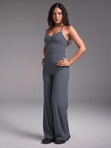 Women's 2pcs Spaghetti Strap Sports Set, Ruched Sleeveless Tank Top + High Waist Wide Leg Flare Pants, Elastic Tummy Control Yoga Outfit - Grey - View 6