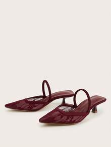 Women's Solid Color Mesh Fashion Classic Minimalist Comfortable Breathable Daily Versatile Thin Heel Naked Strap Open Back Pointed Toe High Heel Sandals - Burgundy - View 4