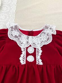 Christmas Baby Girl Lace Trim, Spring/Autumn Princess Party Bodysuit - Red - View 4