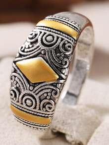 Gmzalx Vintage Geometric Textured Wide Band Ring, Spiral Carved Pattern, Bohemian Jewelry, Suitable For Daily Wear, Vacation Travel And Various Parties - Multicolor - View 1