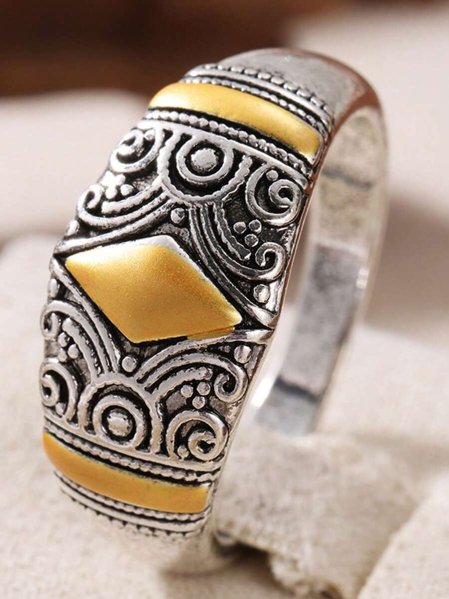 Gmzalx Vintage Geometric Textured Wide Band Ring, Spiral Carved Pattern, Bohemian Jewelry, Suitable For Daily Wear, Vacation Travel And Various Parties - Multicolor - View 1