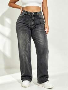 Pantalones de Jean de Moda para Mujer con Bolsillos, Pantalones Anchos con Cierre de Botón en la Cintura, Estilo Trendy y Vanguardista - Negro y gris - Ver 3