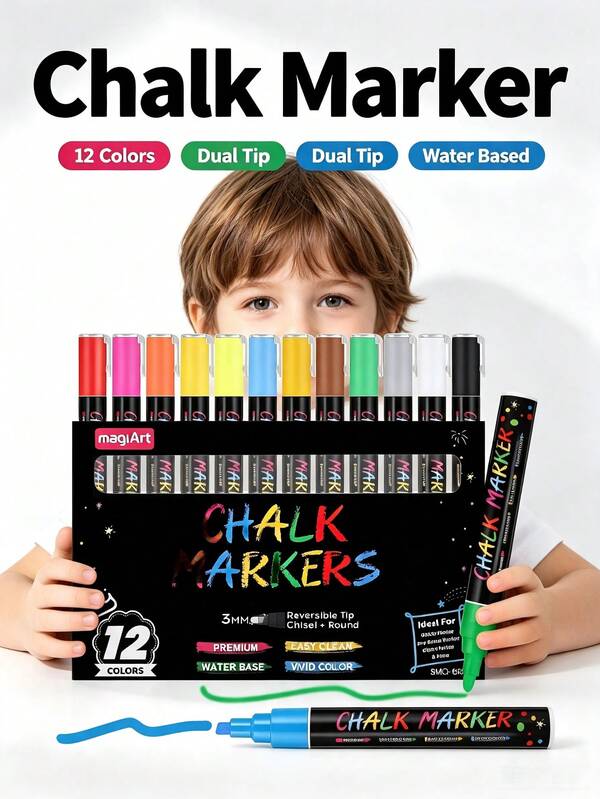 8/12/24 Colors 6mm Dual-Tip Interchangeable Liquid Chalk Glass Marker, Round And Axe-Shaped Dual Tips For Easy Switching, Water-Based Ink With Vibrant Colors, Easily Wiped Clean With Damp Cloth Without Leaving Traces; Suitable For Back-To-School Classroom Board Writing, Autumn/Winter Window Display Decor, Halloween Theme Window Graffiti, Christmas Store Holiday Painting, Versatile For Blackboard, Glass, Mirror And Multiple Scenarios In Home, Shop And Office