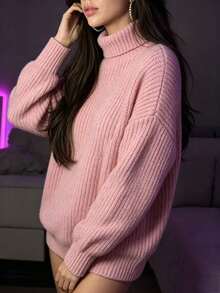 Women's High Neck Knit Sweater Pullover, Slouchy Ribbed Soft Elegant Casual Solid Color Versatile Top - Pink - View 3