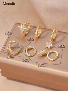 Elegant Fashion 6pcs Cubic Zirconia Earrings Set, Octagram And Four-Leaf Clover Decor, Suitable For Women's Daily Commute And Date Wear - Gold - View 4
