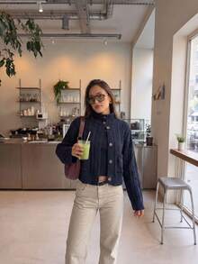 Joy Knit 女款針織毛衣 秋冬時尚新款 百搭上衣 簡約休閒百搭款 高領高領抽繩鈕扣設計 - 寶藍色 - 查看 7