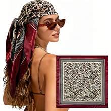 1PC Women's Fashion 90*90cm Leopard Print Square Scarf – Versatile AsHeadscarf, Shawl, Hairband & Bag Charm For Spring/Summer/Fall - Burgundy - View 3