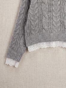 Cable Knit V-Neck Sweater With Lace Trim - Comfortable Loose Pullover For Autumn, Suitable For Casual Daily And Campus Style Fall - Grey - View 7