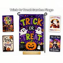 1 pieza Bandera de jardín Trick Or Treat, Bandera de jardín de Halloween, Bandera de fantasma, Bandera de calabaza, Decoración de bruja, Decoración de porche de Halloween, Bandera de patio de otoño 12*18 pulgadas, Decoración de estilo campestre, Navidad, Acción de Gracias, Halloween, Impresión de un solo lado, Material de poliéster duradero, Poste de bandera no incluido (Solo bandera) - A - Ver 2