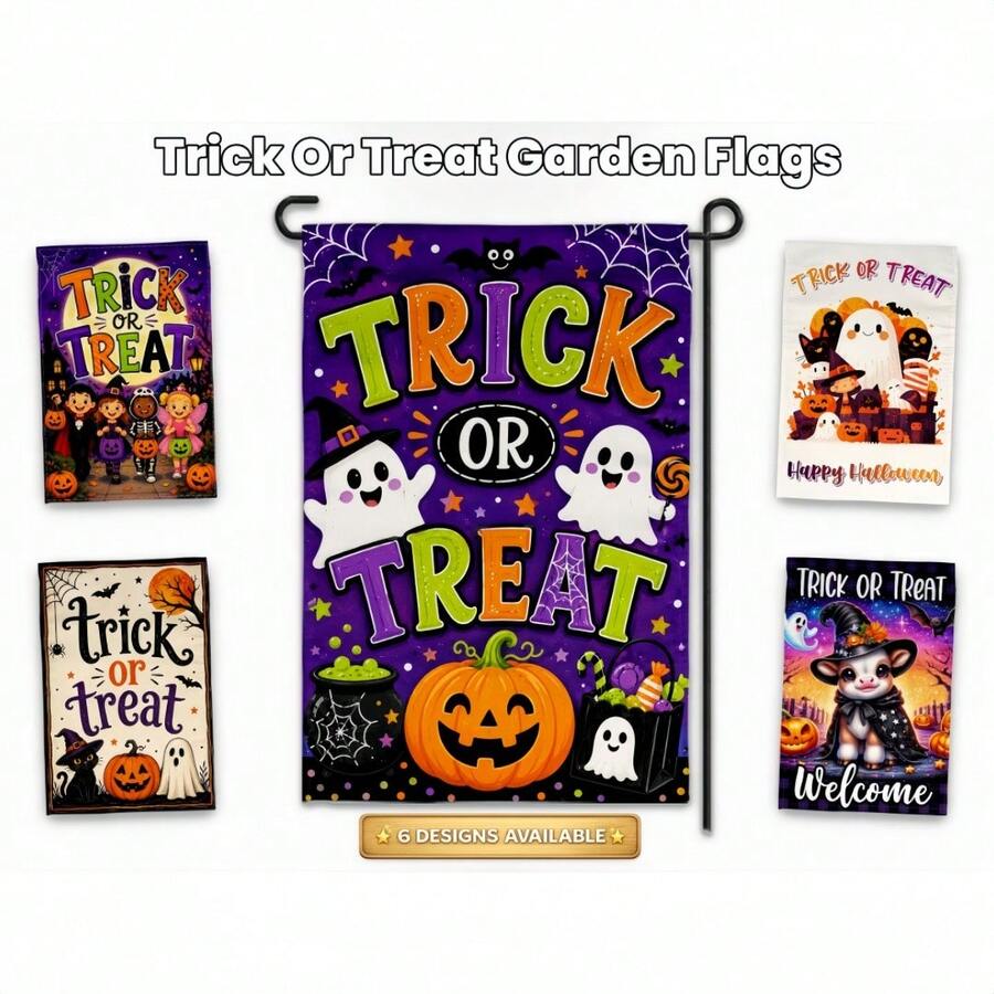 1 pieza Bandera de jardín Trick Or Treat, Bandera de jardín de Halloween, Bandera de fantasma, Bandera de calabaza, Decoración de bruja, Decoración de porche de Halloween, Bandera de patio de otoño 12*18 pulgadas, Decoración de estilo campestre, Navidad, Acción de Gracias, Halloween, Impresión de un solo lado, Material de poliéster duradero, Poste de bandera no incluido (Solo bandera)