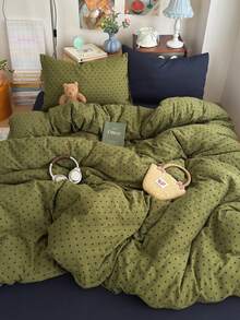 4-Piece Olive Green & Navy Blue Polka Dot Print Bedding Set, Contrast Pillowcase Design, Soft & Comfortable All-Season Bedding Set Including 1 Duvet Cover, 1 Bed Sheet, 2 Pillowcases, No Filling, Suitable For Dorm, Bedroom, Home Use, Multiple Size Options - Olive Green - View 2