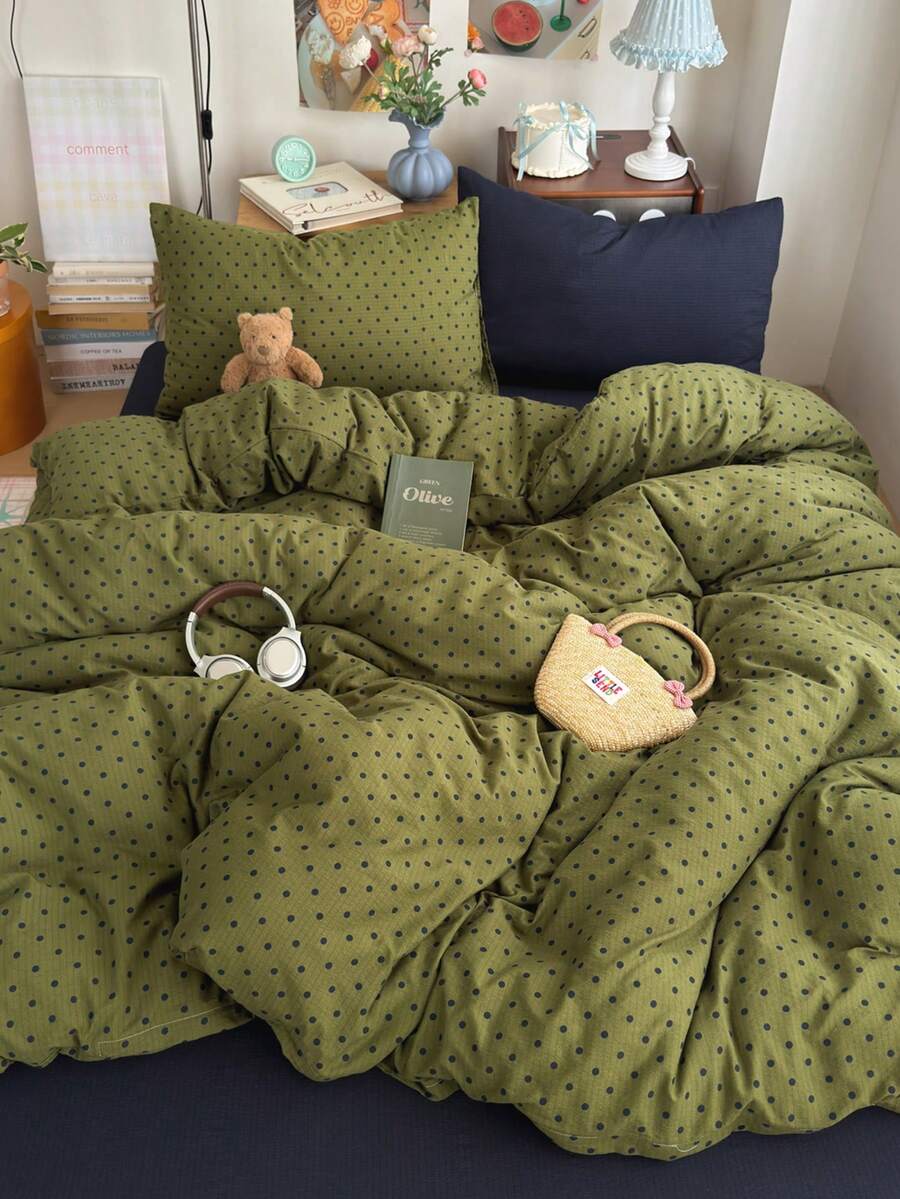 4-Piece Olive Green & Navy Blue Polka Dot Print Bedding Set, Contrast Pillowcase Design, Soft & Comfortable All-Season Bedding Set Including 1 Duvet Cover, 1 Bed Sheet, 2 Pillowcases, No Filling, Suitable For Dorm, Bedroom, Home Use, Multiple Size Options