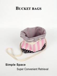 Striped Colorblock Jacquard Knit Drawstring Bucket Bag, Casual Minimalist Crossbody Bag With Multiple Pattern Options, Large Capacity To Store Phone, Umbrella, Cosmetics And Other Daily Essentials, Versatile For Daily Commute And Shopping - Multicolor - View 11