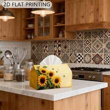 1pc Tissue Box Holder, Country Impressionist Plant Style - Sunflower Bee Yellow Texture, Durable Polyester Material, Multi-Functional Napkin Dispenser, Suitable For Home, Vehicle And Event Decoration, Tissue Box Holder, Napkin Box, Tissue Box Cover - A - View 5