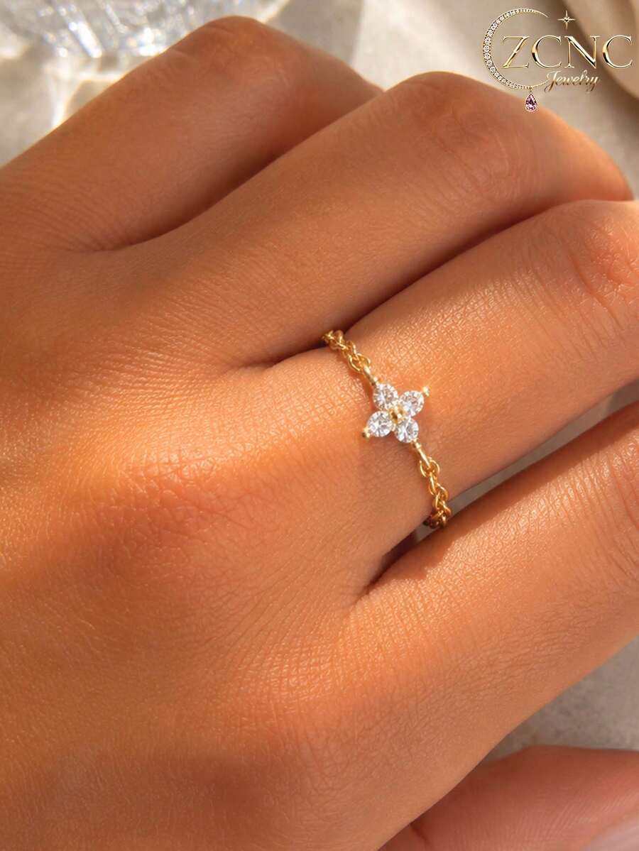 1pc Women's Gentle Delicate Floral Adjustable Ring, Suitable For Daily Commute, Street Style Outfit Accessory, Holiday Gift For Girlfriend - Gold - View 1