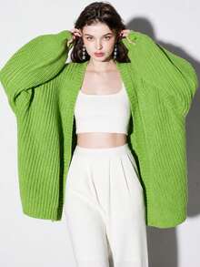 Women's Autumn/Winter Casual Minimalist Solid Color Loose V-Neck Cardigan Jacket - Green - View 1