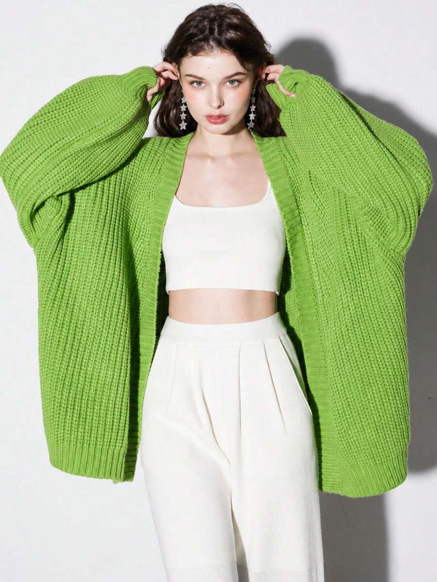 Women's Autumn/Winter Casual Minimalist Solid Color Loose V-Neck Cardigan Jacket - Green - View 1