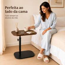 Mesa Lateral Regulável de Altura para Lado da Cama Cor Imbuia, Tampo 38*28cm com Suporte Metálico Preto Reforçado, Base Oval Ponderada, Altura Ajustável 40–75cm para Quarto e Janela Saliente - MesaCabeceira-BaseCAjustavel-NogalPreto - Visão 3