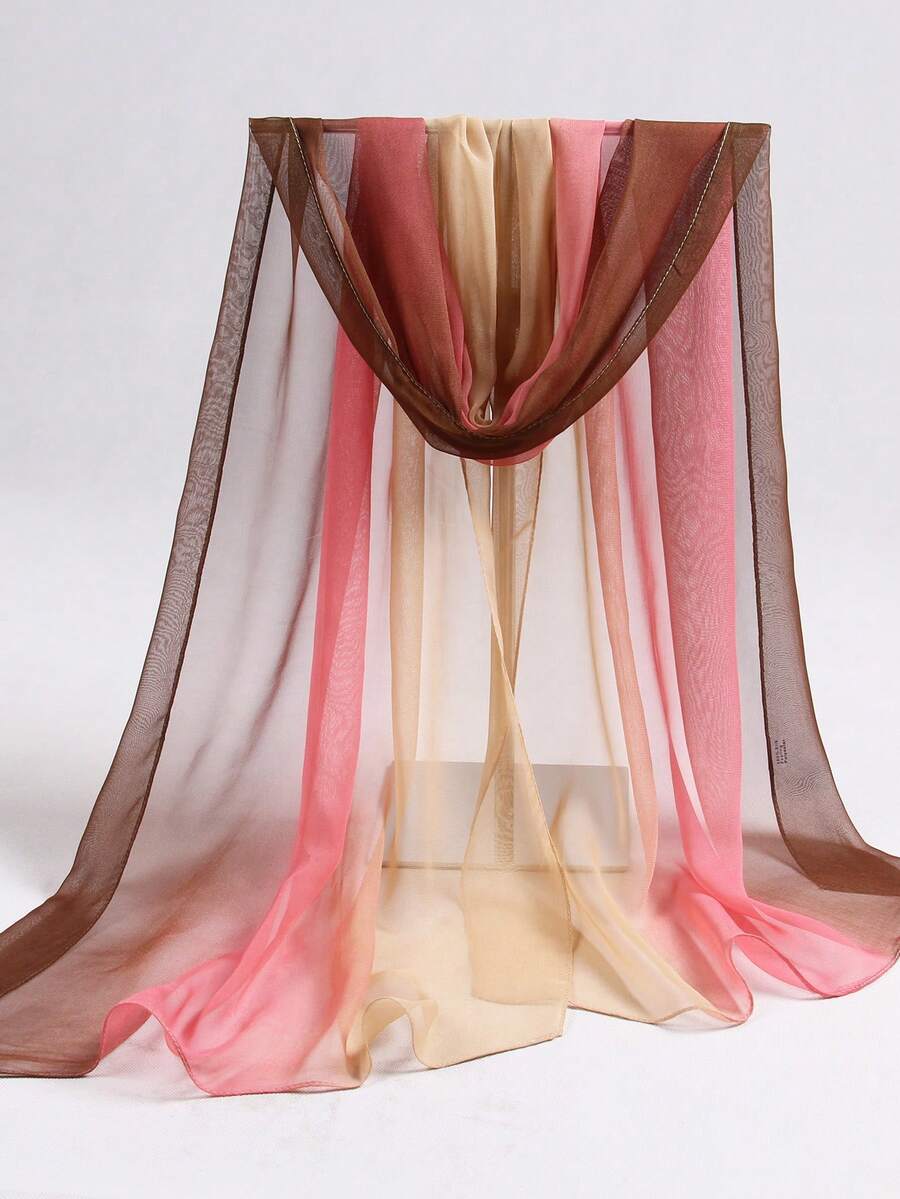 1pc Chiffon Gradient Scarf Shawl, Lightweight Thin Long Rectangular Wrap For Women, Spring Autumn Summer, Versatile For Square Dancing - Camel Pink Coffee - View 1