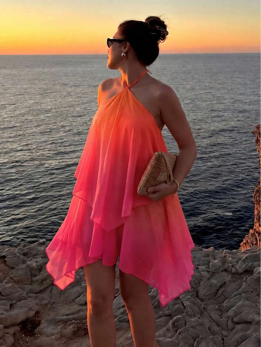 Kliou 女款露背漸層印花洋裝 夏季優雅時尚性感 掛脖綁帶不規則下擺無袖沙灘度假派對夜店洋裝 - 玫紅色 - 查看 1
