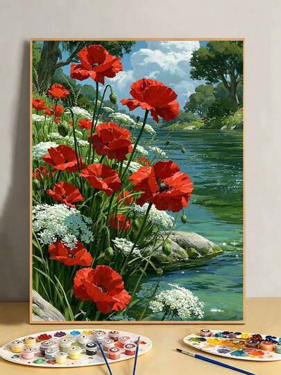 DIY Red Poppy Flowers By Quiet River (Unframed 8x12 / 16x20 Inch) Digital Oil Painting Set (Acrylic) Adult Beginner Art Craft, Home Wall Decor, Creative Holiday Gift