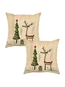 1/2/4Pcs Featuring A Deer And Tree Design In Beige And Green, Perfect For Holiday Decor. They Come With A Zipper Closure, Are Machine Washable, And Ideal For Sofa And Home Decoration - Apricot - View 10
