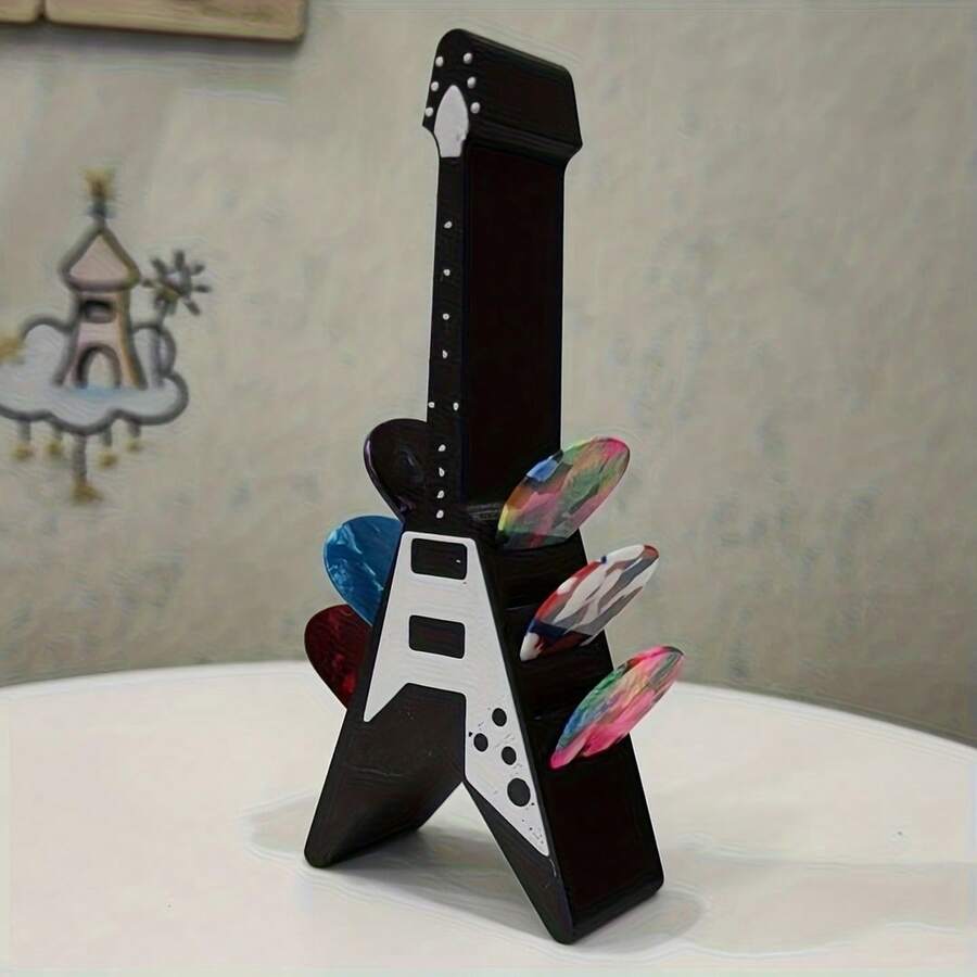 Creative V-Shaped Electric Guitar Style Guitar Pick Storage Stand Desktop Guitar Pick Display Storage Box Musician Instrument Accessories Desktop Decoration Ornament Can Hold Multiple Guitar Picks - Multicolor - View 1
