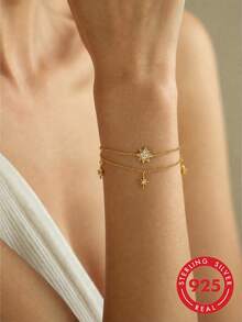 1pc S925 Sterling Silver Double Layer Starburst Design Bracelet For Women, Delicate Atmosphere Hand Jewelry, Niche Daily Layering Accessory, Suitable For Dating, Commuting, Gift For Girlfriend, Best Friend, Holiday, Anniversary - Star - View 11