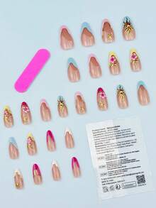 24pcs Medium Almond Shape Elegant Romantic Colorful French 3D Gold Trim Gentle Sunflower Rhinestone Embellished Press-On Nails, With Jelly Glue And Nail File, Suitable For Girls And Women To Wear For Daily Work, Holiday Dates, Party Gatherings And Other Occasions - Multicolor - View 2