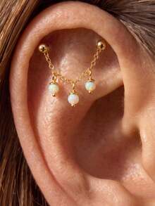 1Pc 925 Sterling Silver Opal Chain Dangle Drop Helix Ear Jewelry Hypoallergenic Connected Chain Design Stackable Earring For Daily Party Women Gift - Gold - View 3