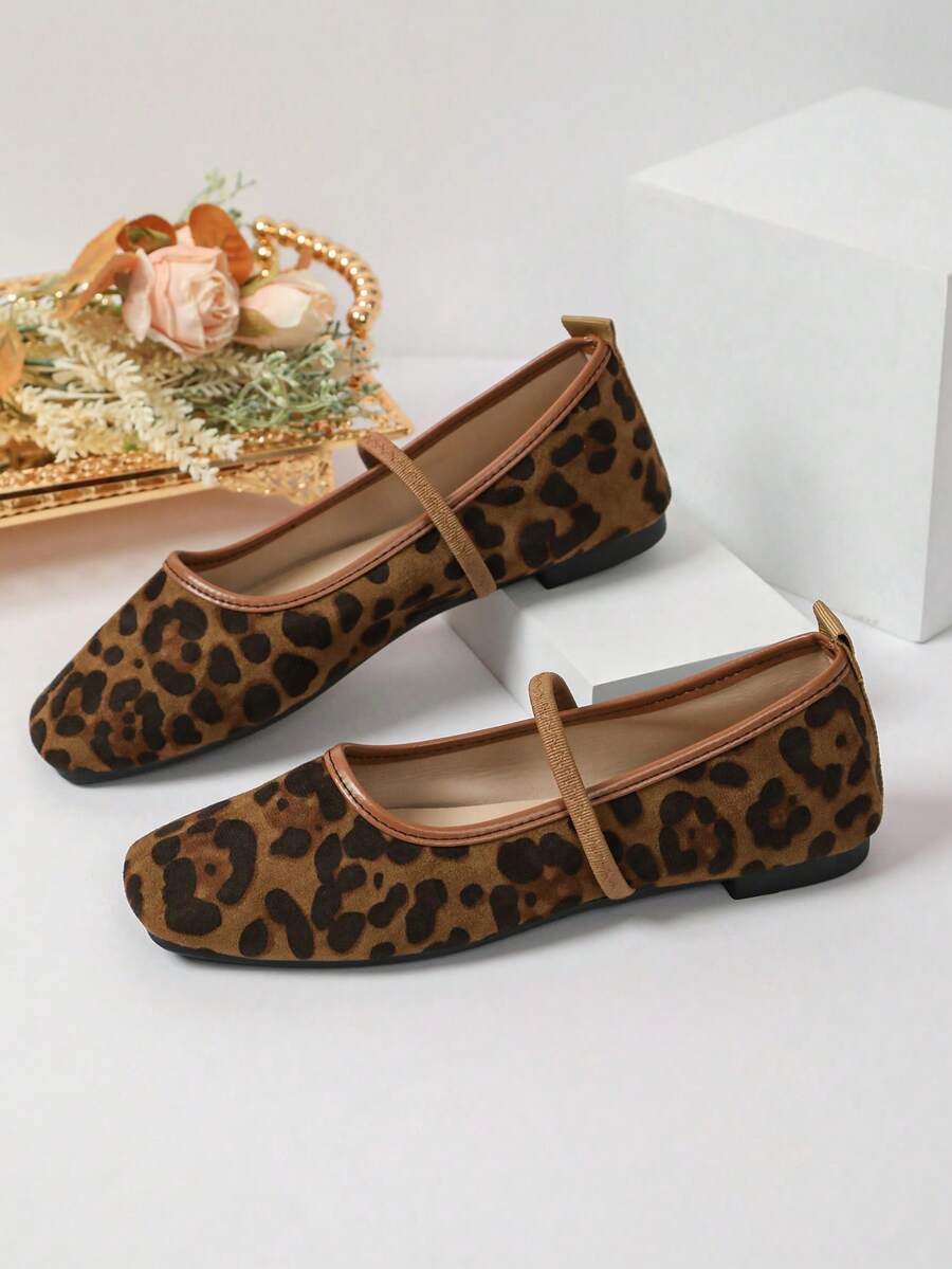 Leopard Print Mary Jane Flats, Elastic Strap Design, Vintage Y2K Women's Ballet Shoes - Brown - View 1
