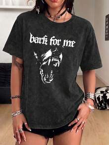 Plus Size Women's Y2K Gothic Vintage Washed Crew Neck T-Shirt, Dog Letter Print Dark Punk Top, Suitable For Commuting, Party, Summer Travel - Black - View 5