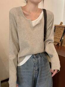 Korean Style Thin Contrast Color 2 In 1 Design Chic Inner Layer Knit Base Layer Sweater - Apricot - View 2